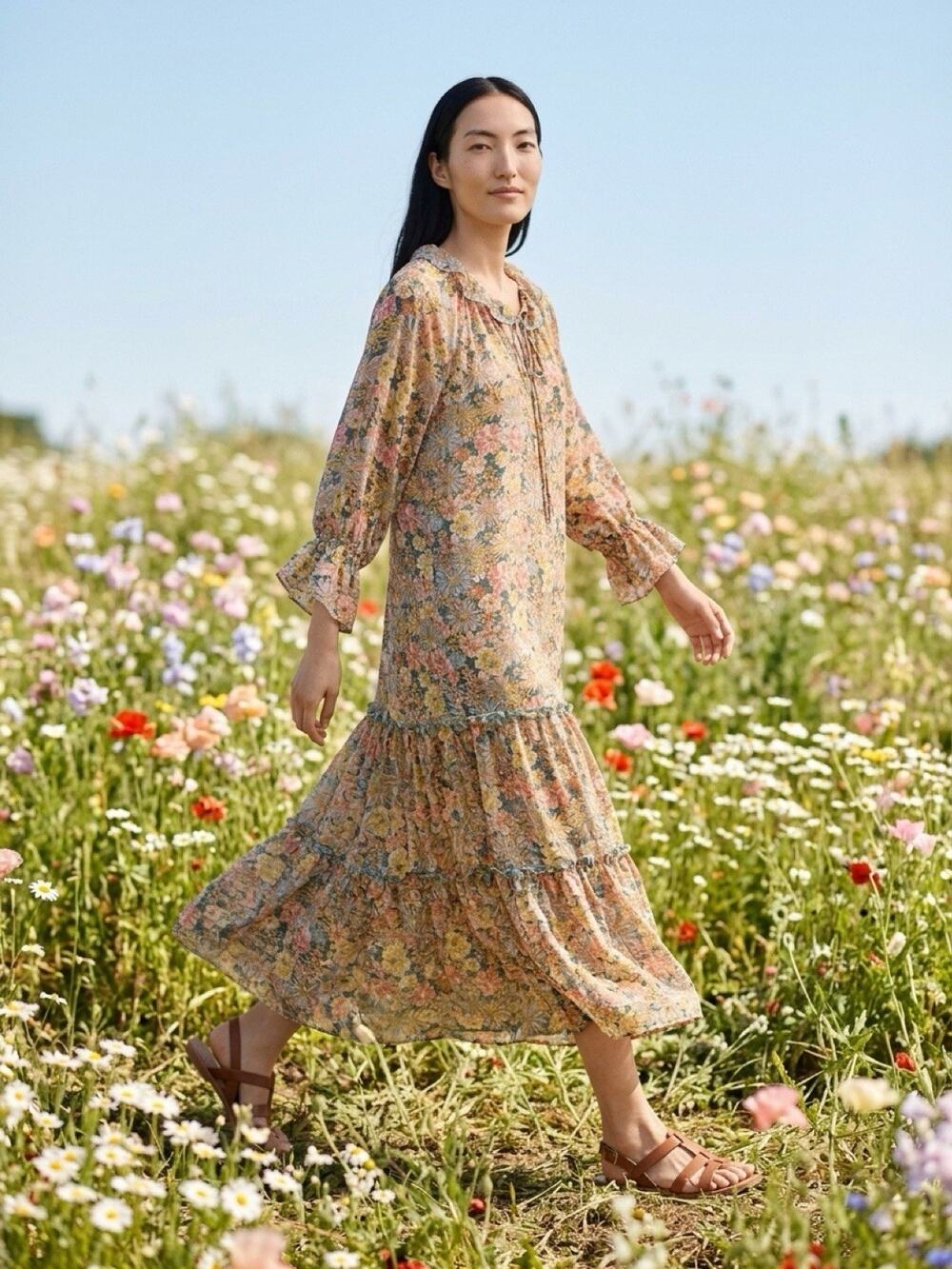 Umgee USA Women S Dainty Floral BellSleeve TieredSmock Chiffon MidiDress Cottage
